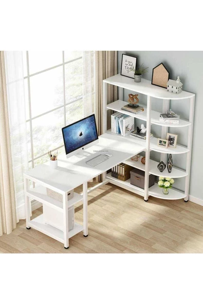 Zizuva Tasarım Beyaz Kitaplıklı Çalışma Masası - Resim 5