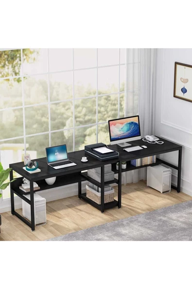 Zizuva Tasarım 2 Kişilik Raflı Siyah Çalışma Masası - Resim 4