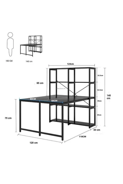 Zizuva Tasarım Kitaplıklı 2 Kişilik Siyah Çalışma Masası - Resim 6