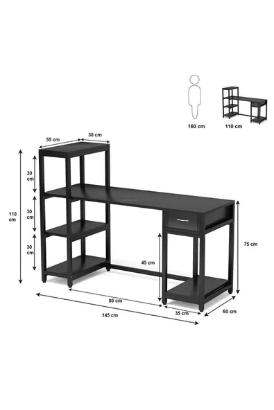 Zizuva Tasarım Kitaplıklı Çekmeceli Siyah Çalışma Masası - Resim 4