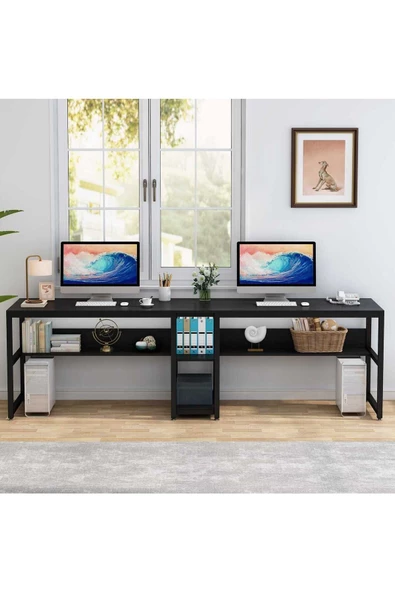 Zizuva Tasarım 2 Kişilik Raflı Siyah Çalışma Masası - Resim 2