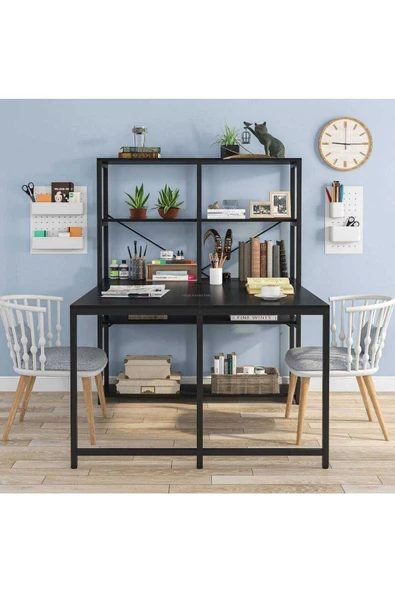 Zizuva Tasarım Kitaplıklı 2 Kişilik Siyah Çalışma Masası - Resim 2