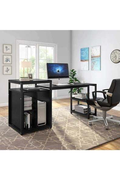 Zizuva Tasarım Raflı Siyah Çalışma Masası Model - Resim 2