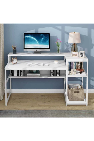 Zizuva Tasarım Monitör Raflı Kitaplıklı Beyaz Çalışma Masası - Resim 2