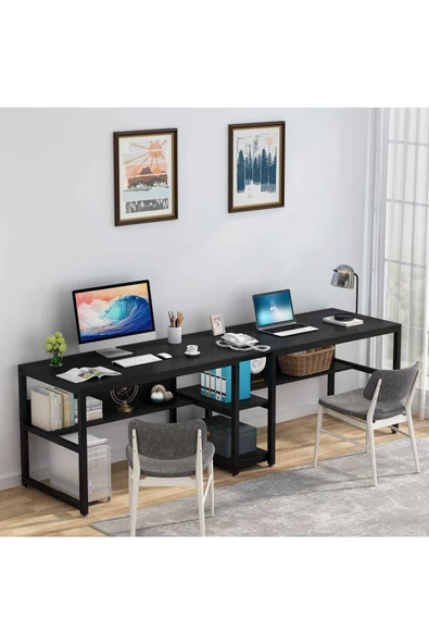 Zizuva Tasarım 2 Kişilik Raflı Siyah Çalışma Masası - Resim 3