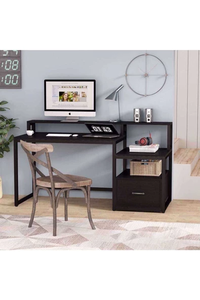 Zizuva Tasarım Raflı Ve Çekmeceli Siyah Çalışma Masası - Resim 2