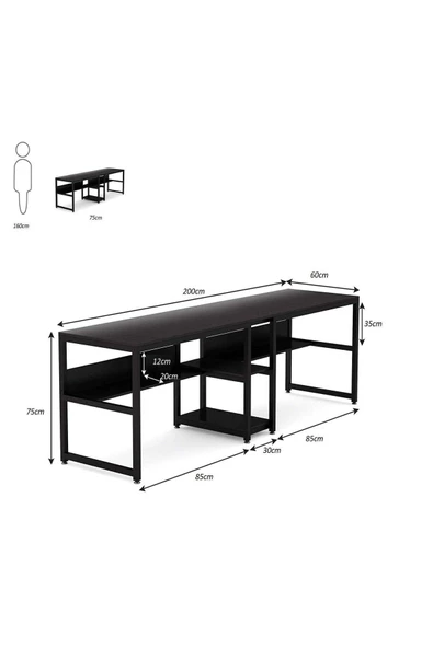 Zizuva Tasarım 2 Kişilik Raflı Siyah Çalışma Masası - Resim 6