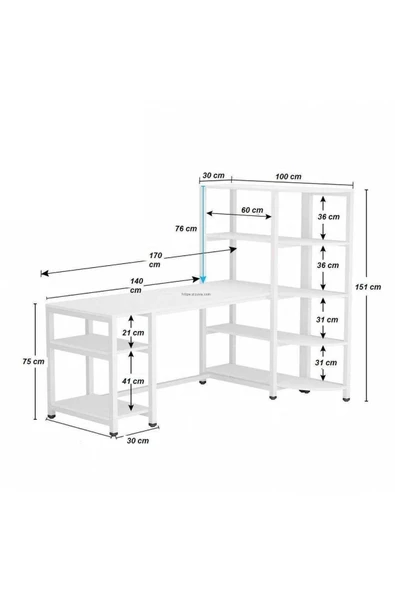 Zizuva Tasarım Beyaz Kitaplıklı Çalışma Masası - Resim 7