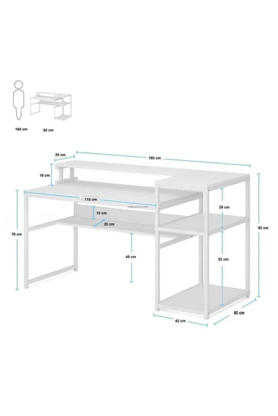 Zizuva Tasarım Monitör Raflı Kitaplıklı Beyaz Çalışma Masası - Resim 4