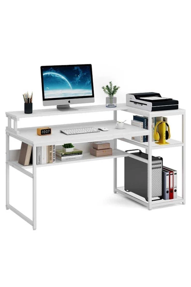 Zizuva Tasarım Monitör Raflı Kitaplıklı Beyaz Çalışma Masası - Resim 3
