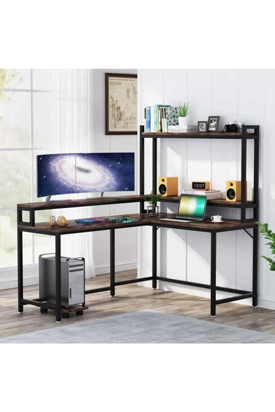 Zizuva Tasarım Ergonomik Raflı L Model Çalışma Masası