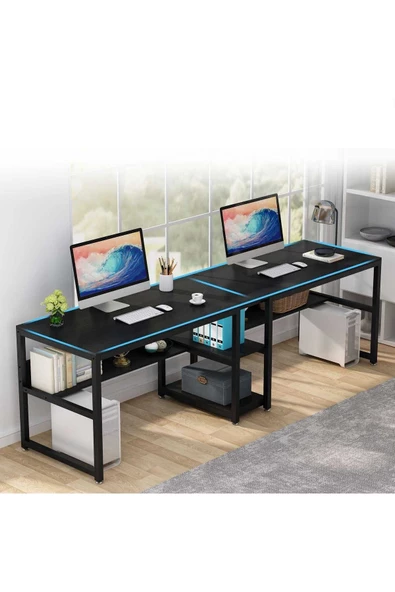 Zizuva Tasarım 2 Kişilik Raflı Siyah Çalışma Masası - Resim 5