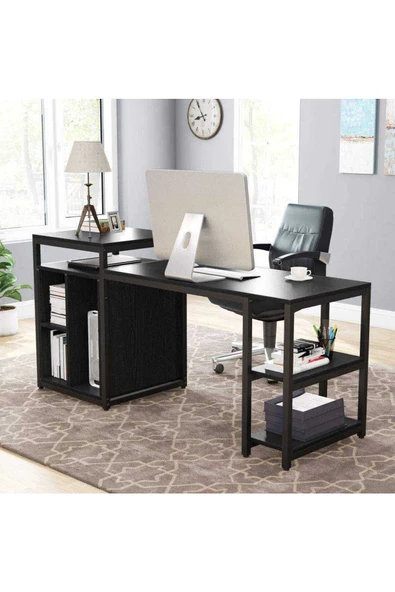 Zizuva Tasarım Raflı Siyah Çalışma Masası Model - Resim 3