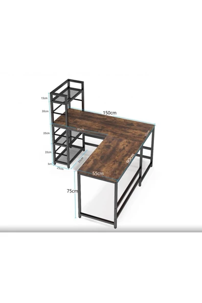 Zizuva Tasarım Kitaplıklı L Model Ceviz Çalışma Masası - 8