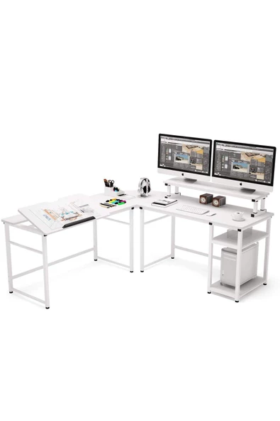 Zizuva Tasarım Beyaz L Model Monitör Raflı Çizim Ve Çalışma Masası Modeli - Resim 3