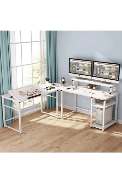 Zizuva Tasarım Beyaz L Model Monitör Raflı Çizim Ve Çalışma Masası Modeli ürün görseli