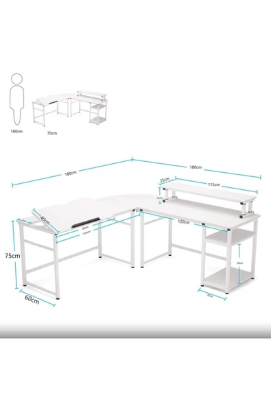 Zizuva Tasarım Beyaz L Model Monitör Raflı Çizim Ve Çalışma Masası Modeli - Resim 5