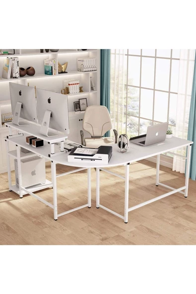 Zizuva Tasarım Beyaz L Model Monitör Raflı Çizim Ve Çalışma Masası Modeli - Resim 4