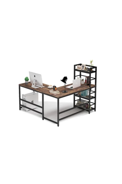 Zizuva Tasarım Kitaplıklı L Model Ceviz Çalışma Masası - 4