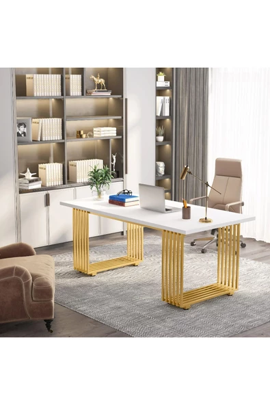 Zizuva Tasarım Gold Beyaz Çalışma Ve Bilgisayar Masası