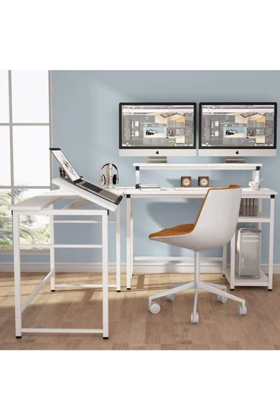 Zizuva Tasarım Beyaz L Model Monitör Raflı Çizim Ve Çalışma Masası Modeli - Resim 2