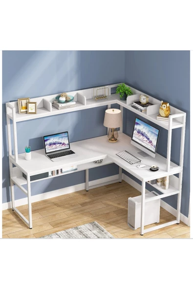 Zizuva Tasarım L Model Kitaplıklı Beyaz Çalışma Masası