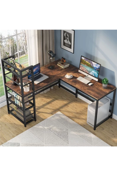 Zizuva Tasarım Kitaplıklı L Model Ceviz Çalışma Masası - 3