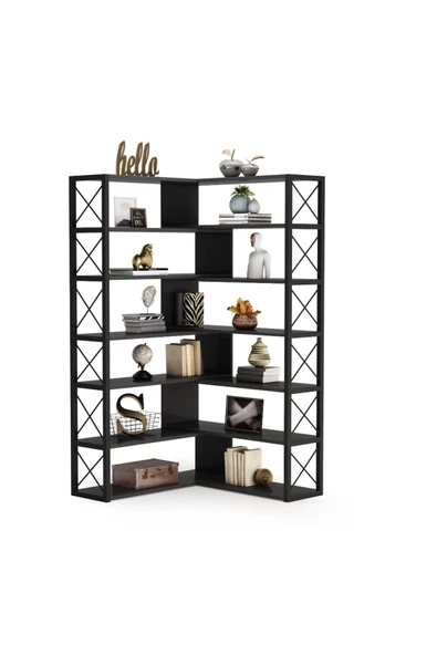 Zizuva Tasarım Siyah Dekoratif Köşe Kitaplık - Resim 2