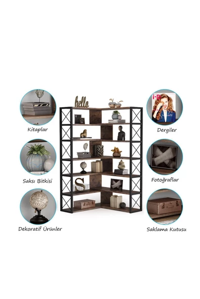 Zizuva Tasarım Siyah Dekoratif Köşe Kitaplık - Resim 3