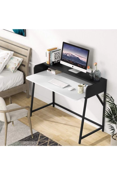 Zizuva Tasarım Monitör Raflı Ergonomik Beyaz Çalışma Masası