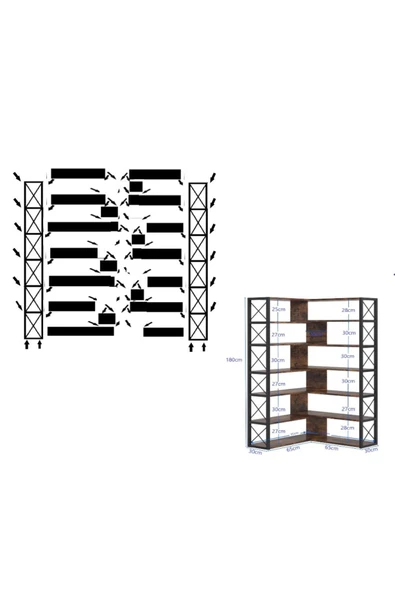 Zizuva Tasarım Siyah Dekoratif Köşe Kitaplık - Resim 4