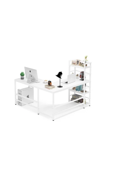 Zizuva Tasarım Kitaplıklı L Model Beyaz Çalışma Masası - 3