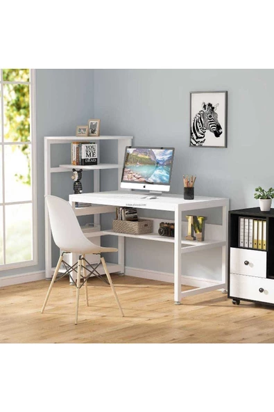 Zizuva Tasarım Kitaplıklı Modern Beyaz Çalışma Masası - Resim 4