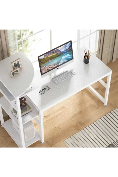 Zizuva Tasarım Kitaplıklı Modern Beyaz Çalışma Masası - Resim 3