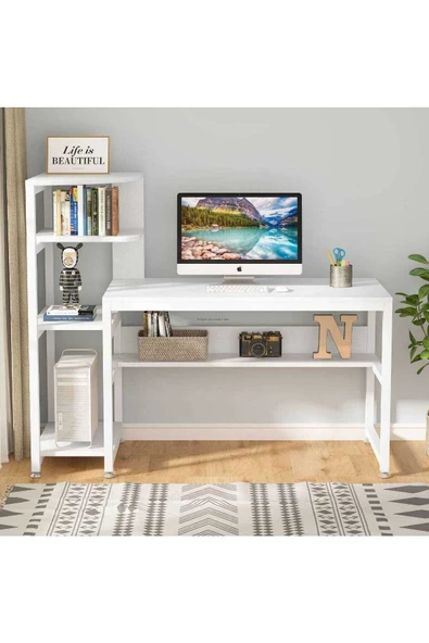 Zizuva Tasarım Kitaplıklı Modern Beyaz Çalışma Masası - Resim 5