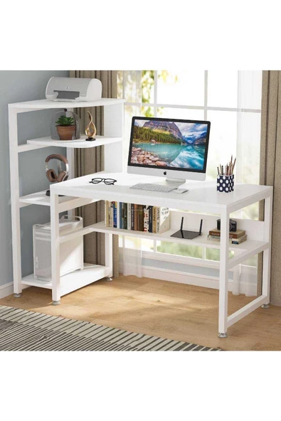 Zizuva Tasarım Kitaplıklı Modern Beyaz Çalışma Masası ürün görseli 1