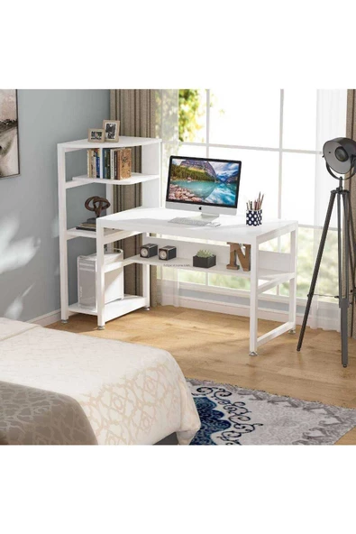 Zizuva Tasarım Kitaplıklı Modern Beyaz Çalışma Masası - Resim 2