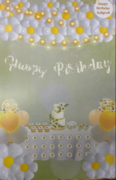 Papatya Temalı Happy Bırthday Kaligrafi Banner  110x20 cm