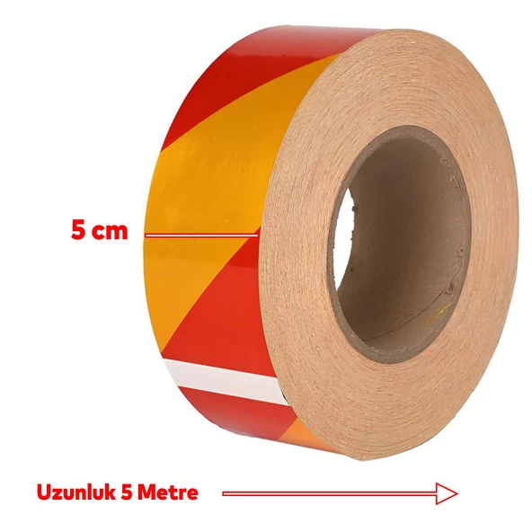 Reflektörlü Yapışkanlı Parlayan Fosfor Sarı Kırmızı Reflektif Düz Şerit Bant 5 cm 5 Mt İkaz Bandı - 2