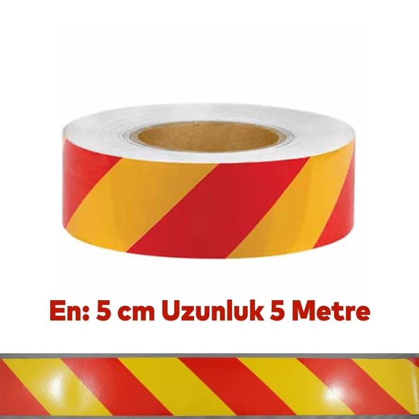Reflektörlü Yapışkanlı Parlayan Fosfor Sarı Kırmızı Reflektif Düz Şerit Bant 5 cm 5 Mt İkaz Bandı - 5