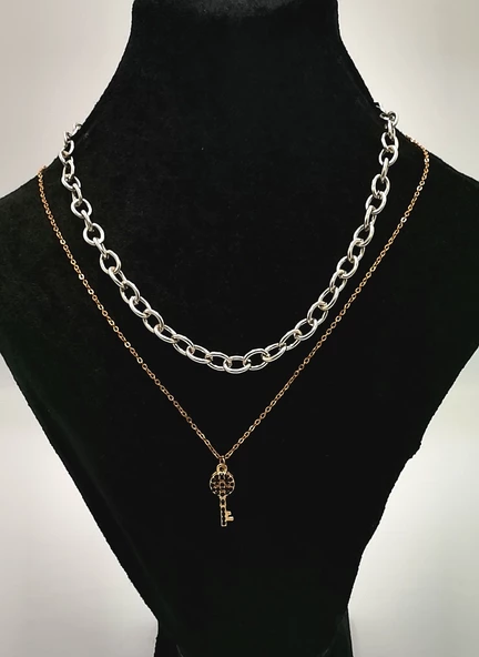 Altın ve Gümüş Zincir İkili Anahtar Figürlü Kolye ürün görseli 1