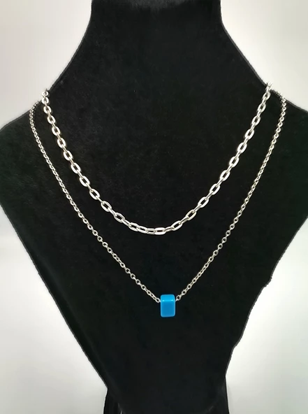 Gümüş Zincir Mavi Boncuk Figürlü Kolye ürün görseli 1