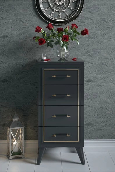 Boyut Mobilya 4 Çekmeceli, Ayaklı Dekoratif Siyah Şifonyer