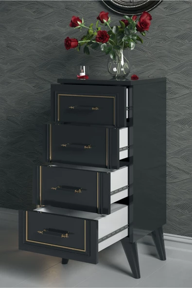Boyut Mobilya 4 Çekmeceli, Ayaklı Dekoratif Siyah Şifonyer - 3