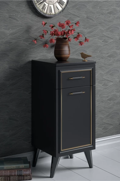 Boyut Mobilya Çekmeceli, Raflı Ayaklı Dekoratif Siyah Komodin, Şifonyer - 2