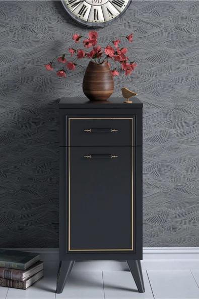 Boyut Mobilya Çekmeceli, Raflı Ayaklı Dekoratif Siyah Komodin, Şifonyer