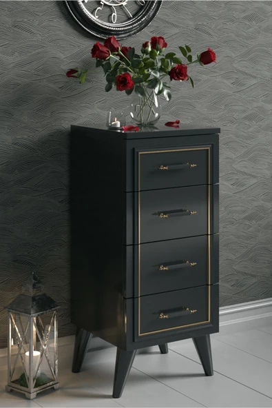 Boyut Mobilya 4 Çekmeceli, Ayaklı Dekoratif Siyah Şifonyer - 2