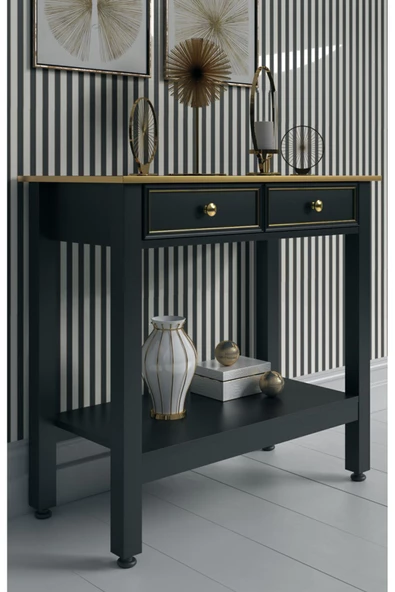 Boyut Mobilya 2 Çekmeceli, Sabit Ayaklı, Dekoratif Siyah Dresuar, Konsol