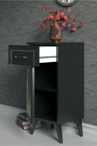 Boyut Mobilya Çekmeceli, Raflı Ayaklı Dekoratif Siyah Komodin, Şifonyer - 3