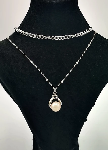 Çift Zİncirli  Gümüş Renk Figürlü Kolye ürün görseli 1